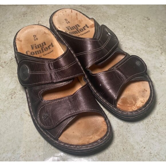 Finn Comfort Shoes - Finn Comfort Womens Brown Leather Slide Sandals Size 38 Indie Boho Cottagecore